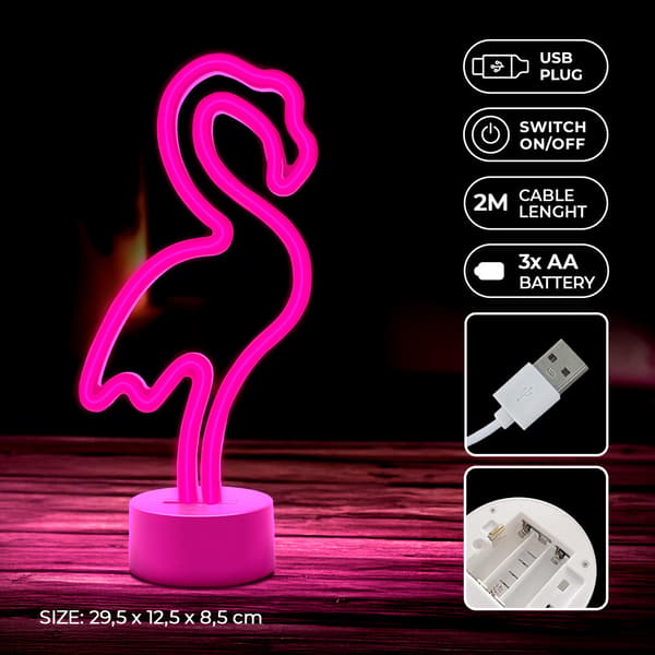 Neon LED på stativ FLAMINGO rosa USB-C FSC-11 Forever Light rosa