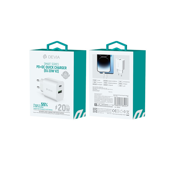 Devia väggladdare Smart PD 1x USB-C 1x USB 20W vit