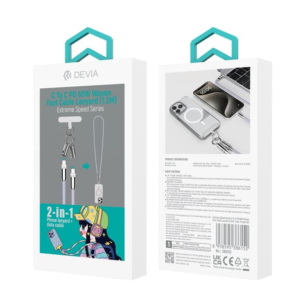 Devia kabelhalsband 2i1 PD USB-C - USB-C 1,2 m 60W lila