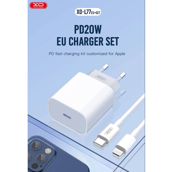 20W 1x USB-C vit + Lightning - USB-C-2m kabel 1 m