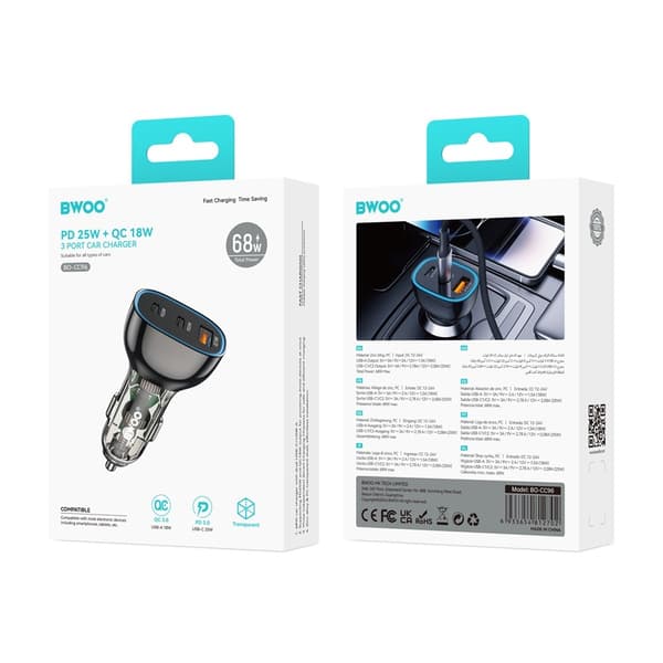 BWOO PD billaddare 2x USB-C-port + USB-A 68W svart