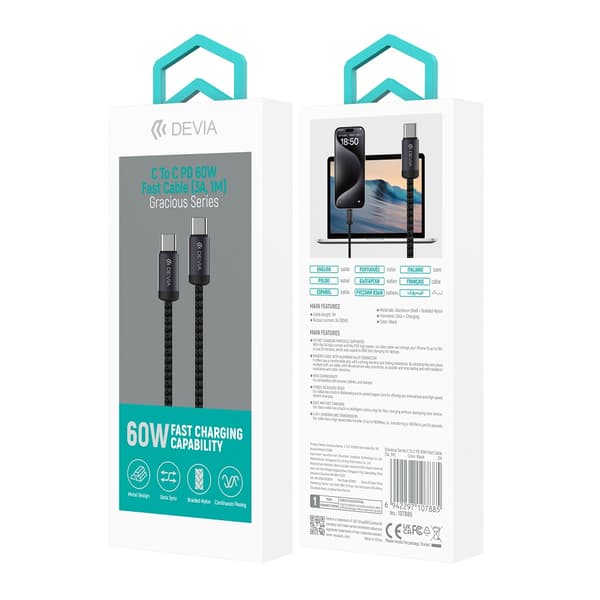 Devia-kabel Gracious EC646 PD USB-C - USB-C 1,0 m 60W 3A svart
