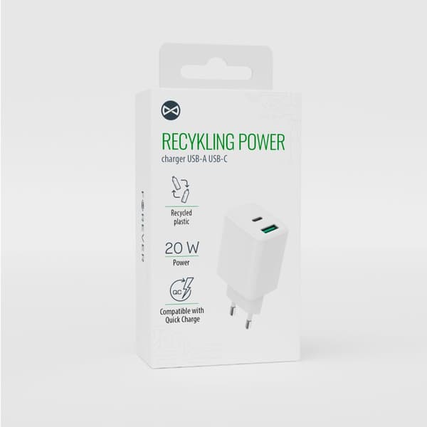 Forever återvunnen väggladdare USB + USB-C 20W LSR20-AC-00 vit