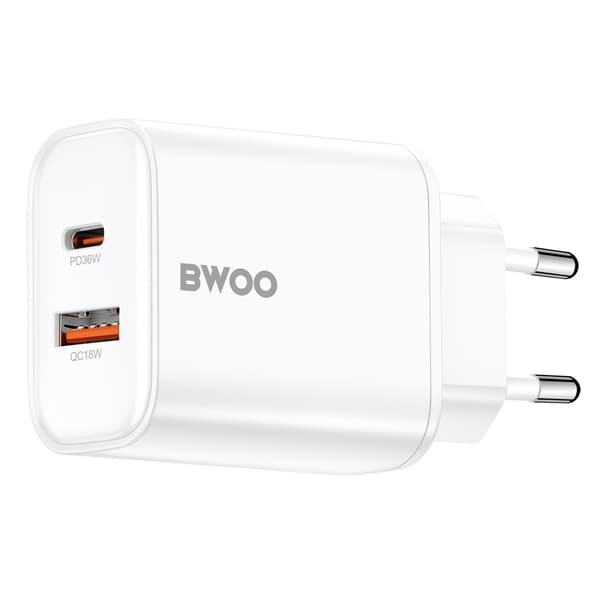 BWOO CDA207 PD 36W väggladdare 1x USB-A + USB-C port vit vit