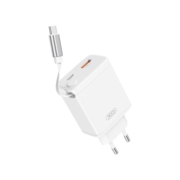 XO Wall Charger CE31 1x USB 1x USB-C 30W White with Retractable USB-C Cable