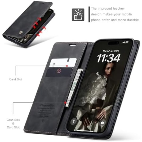CaseMe 0013 Læder Wallet Case til iPhone 16 pro max mørk black