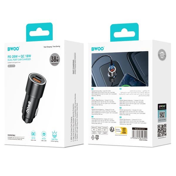 BWOO BO-CC73 PD billaddare 1x USB-C - USB-A port 38W silver silver