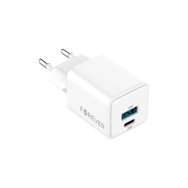 Forever TC-08-20AC GaN PD QC-laddare 1x USB-C 1x USB 20W vit vit