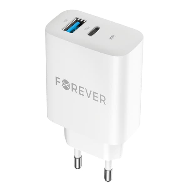 Forever TC-07-30AC PD QC laddare 1x USB-C 1x USB 30W vit + USB-C - USB-C kabel 60W vit