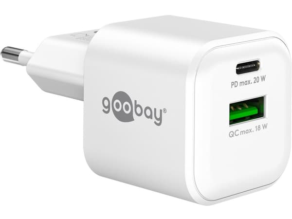 Goobay GaN Dual snabbladdaradapter 20 Watt 1xUSB-C 1xUSB-A vit vit