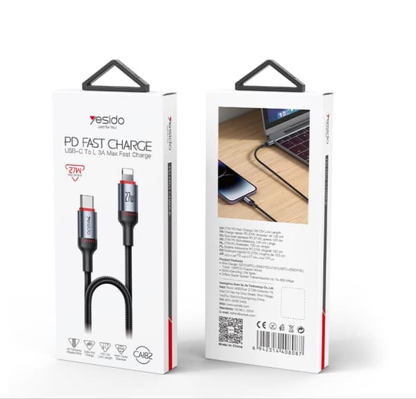 YESIDO KABEL CA182 27W TYPE-C/LIGHTNING 1.2M 3A SVART