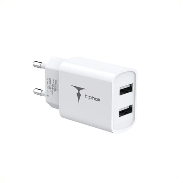 T-PHOX VÄGGLADDARE POCKET SERIES 2xUSB TCC-224 12W + USB-C KABEL VIT