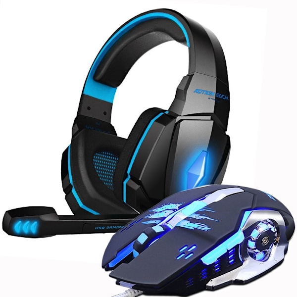 Spelheadset med mikrofon + spelmus blå blå