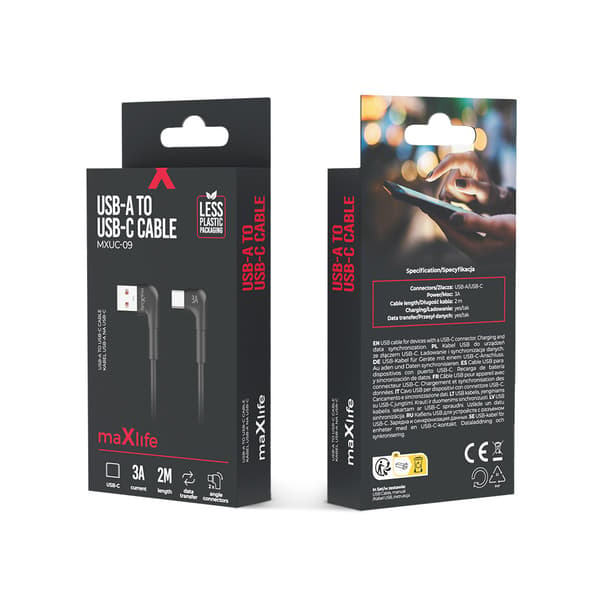 Maxlife MXUC-09 vinklad kabel USB - USB-C 2,0 m 3A svart
