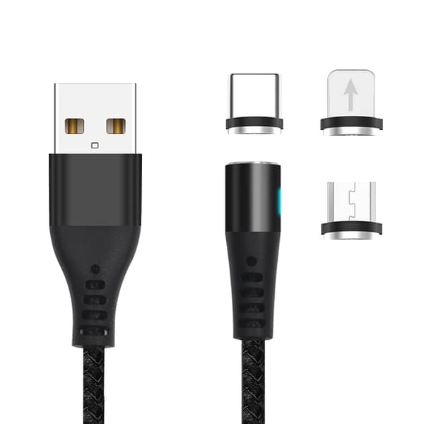 Maxlife MXUC-02 magnetkabel USB - Lightning + USB-C + microUSB 1,0 m 2A svart nylon