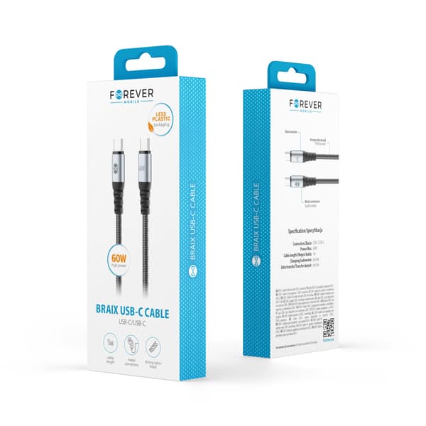 Forever Braix kabel USB-C - USB-C 1,0 m 60W svart svart