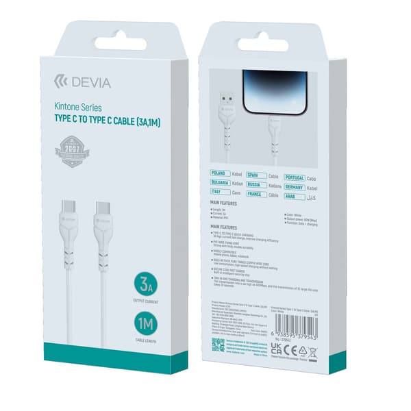 Devia-kabel Kintone EC151 USB-C - USB-C 1,0 m 3A vit