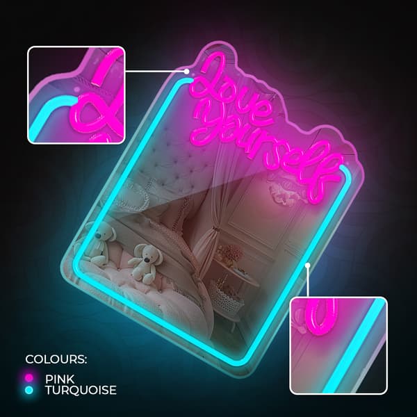 Neon SPEGEL LED ÄLSKA DIG SJÄLV turkos rosa FMNE01 Forever Light rosa