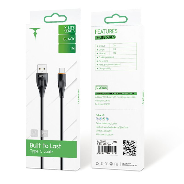 T-PHOX KABEL X-LITE TYPE-C SVART 1M 3A