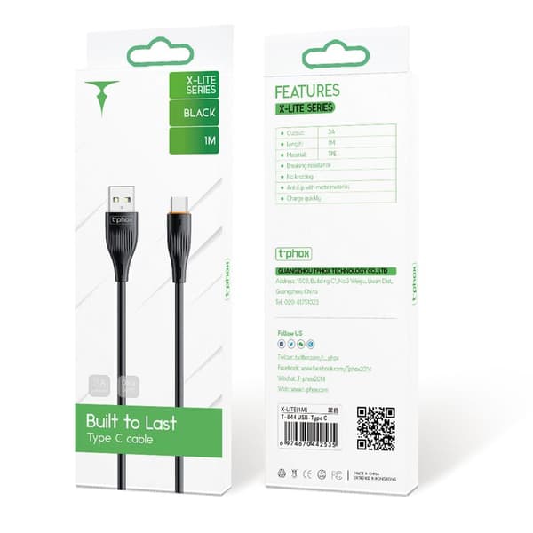 T-PHOX kabel X-LITE TYPE-C svart 1M 3A svart