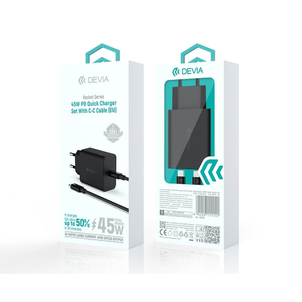 Devia väggladdare Rocket PD 45W 1x USB-C svart + kabel USB-C - USB-C