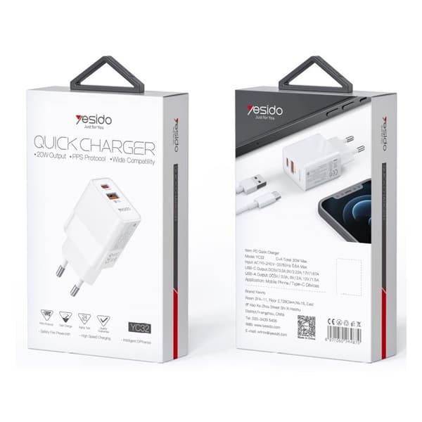 YESIDO VÄGGPLUGG YC32 PD 20W QC3.0 USB-A+C VIT