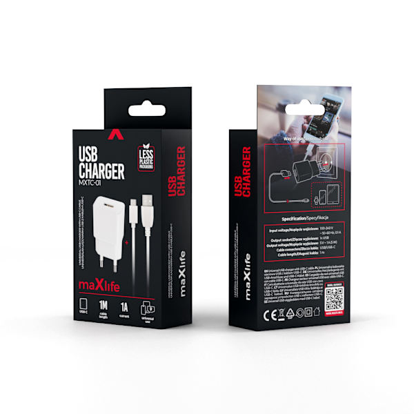 Maxlife MXTC-01 laddare 1x USB 1A vit + USB-C-kabel