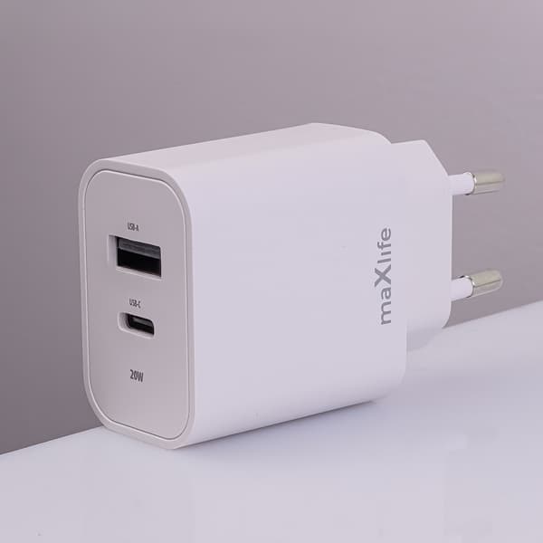 Maxlife MXTC-06-20AC PD QC laddare 1x USB-C 1x USB 20W vit + USB-C - USB-C kabel 20W vit