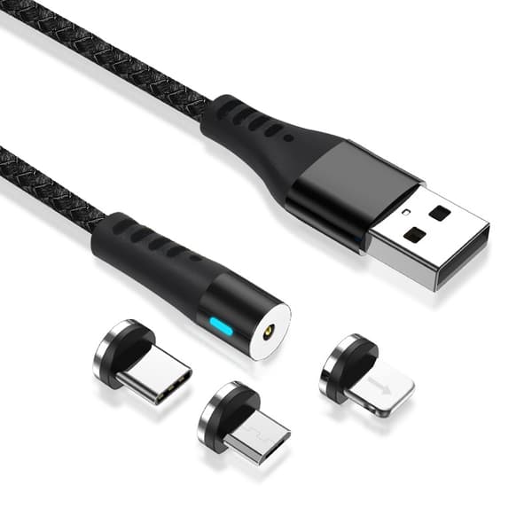 Maxlife MXUC-02 magnetkabel USB - Lightning + USB-C + microUSB 1,0 m 2A svart nylon