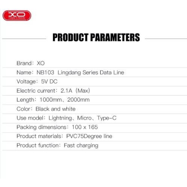 2 st 2 m XO snabbladdare kabel vit