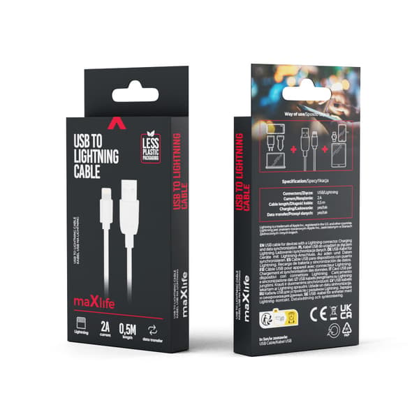 Maxlife-kabel USB - Lightning 0,5 m 2A vit vit