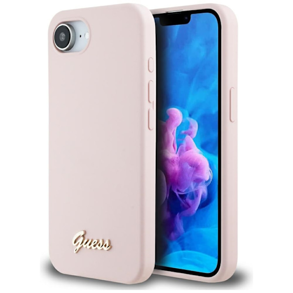 Guess HC Silikon Script Metall Logotyp Fodral för iPhone 16e Rosa