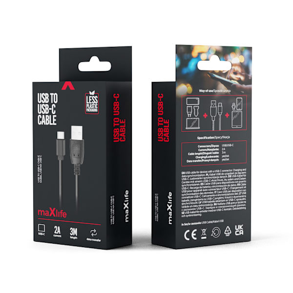 Maxlife-kabel USB - USB-C 3,0 m 2A svart