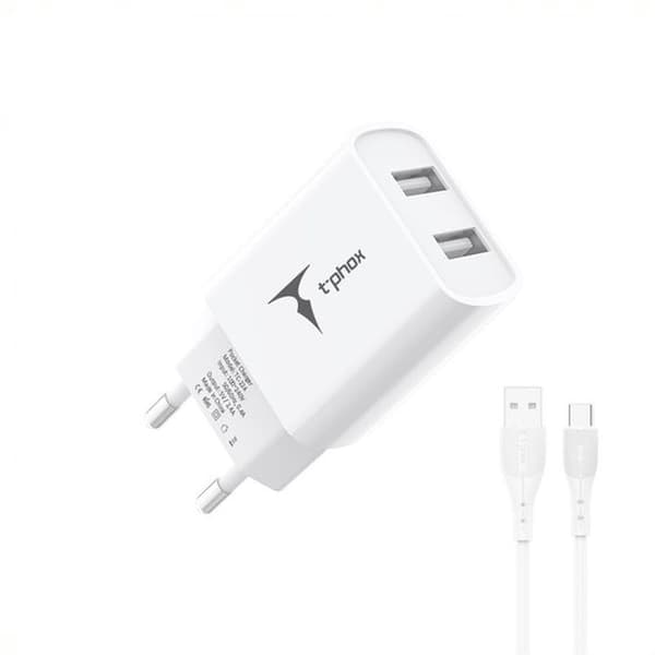 T-PHOX VÄGGLADDARE POCKET SERIES 2xUSB TCC-224 12W + USB-C KABEL VIT