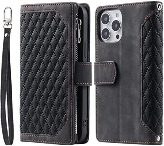Long Lanyard läderfodral för iPhone 14 Pro med 7 kortplats – Lila lila