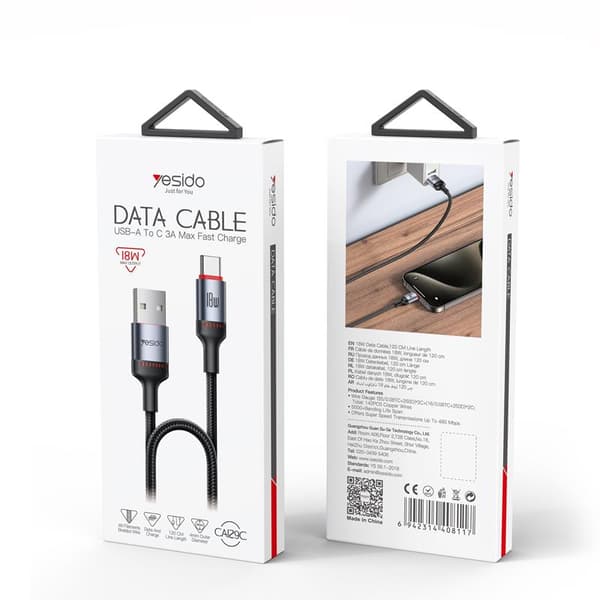 YESIDO KABEL CA129C 18W USB/TYPE-C 1,2M 2A SVART
