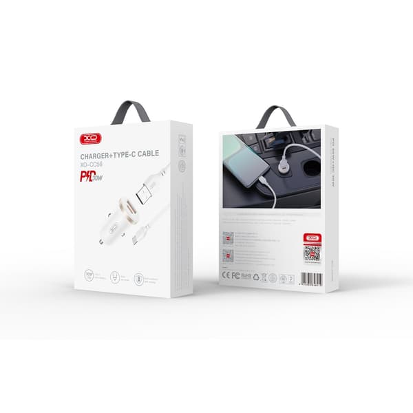 XO billaddare CC56 PD 30W QC 1x USB 1x USB-C + USB - Lightning-kabel – Vit vit