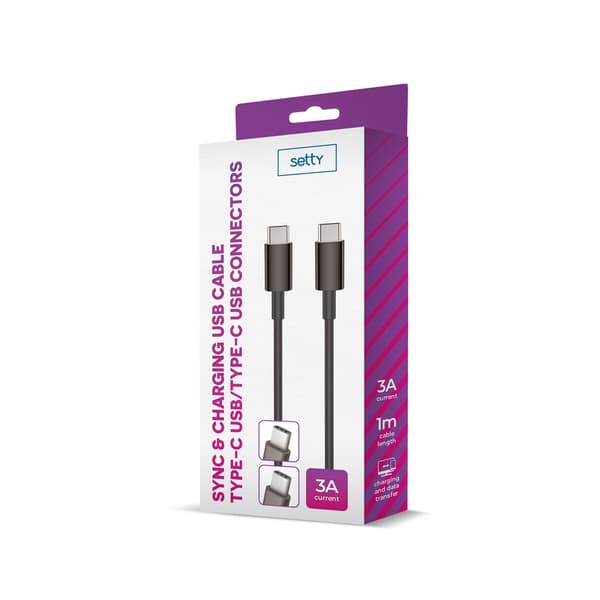 Setty-kabel USB-C - USB-C 1,0 m 3A svart