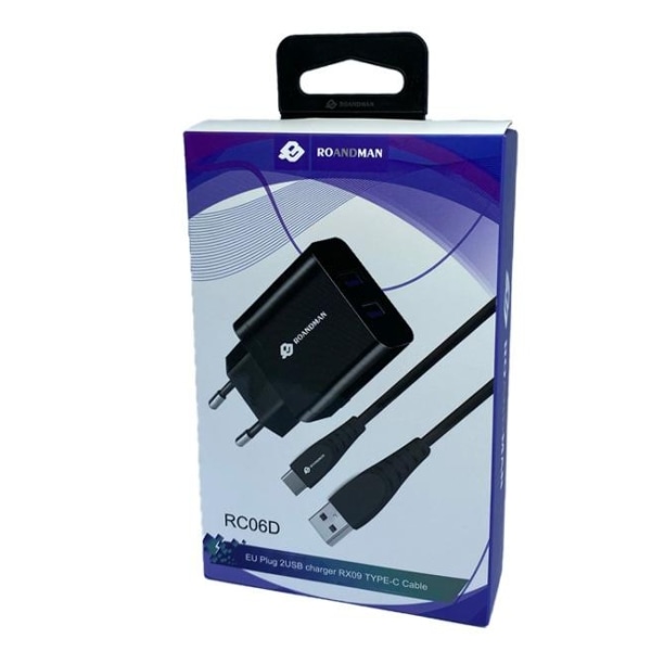 RO & MAN matkalaturi 2x USB-liitin Laturi + iphone-kaapeli musta