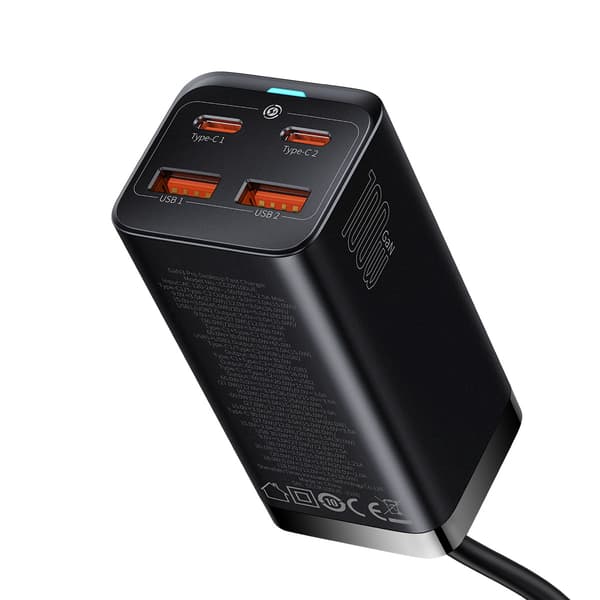 Baseus väggladdare GaN3 Pro 100W 2x USB-C 2x USB svart