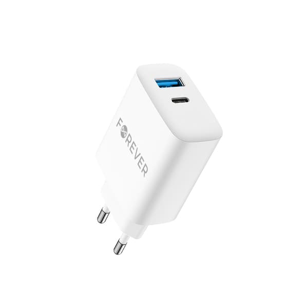 Forever TC-07-30AC PD QC laddare 1x USB-C 1x USB 30W vit + USB-C - USB-C kabel 60W