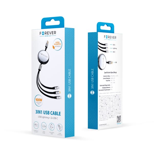 Forever 3i1-kabel USB - Lightning + 2x USB-C 1,2 m 100W svart