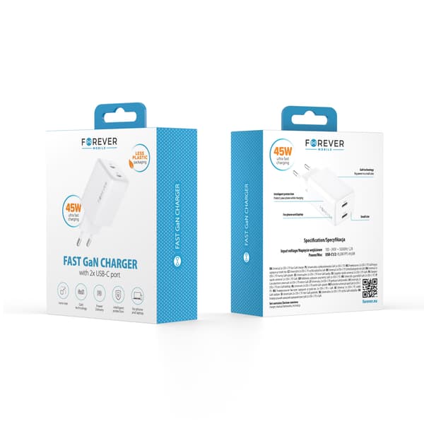 Forever TC-08-45CC GaN PD-laddare 2x USB-C 45W vit