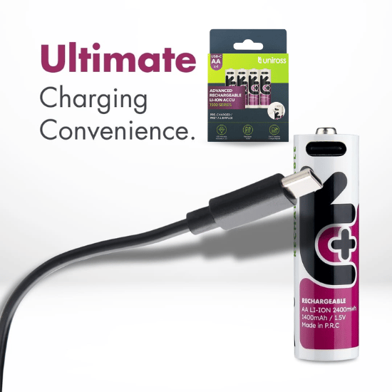 Uniross USB-C AA uppladdningsbar Batteri Paket med 4 st