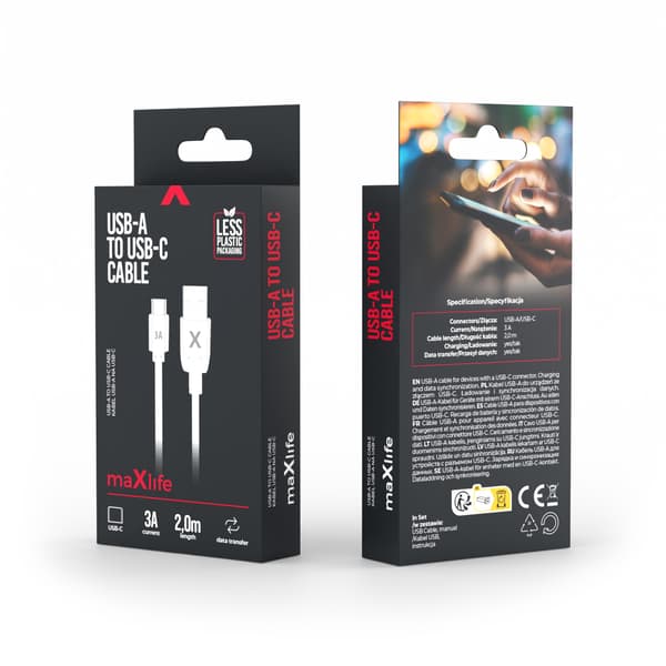 Maxlife kabel USB - USB-C 2,0 m 3A vit vit