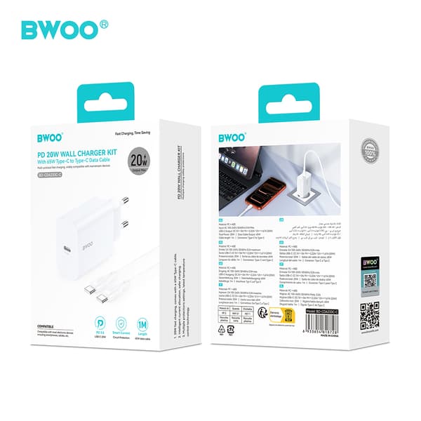 BWOO väggladdare CDA233 PD 20W 1x USB-C med USB-C - USB-C kabel vit vit