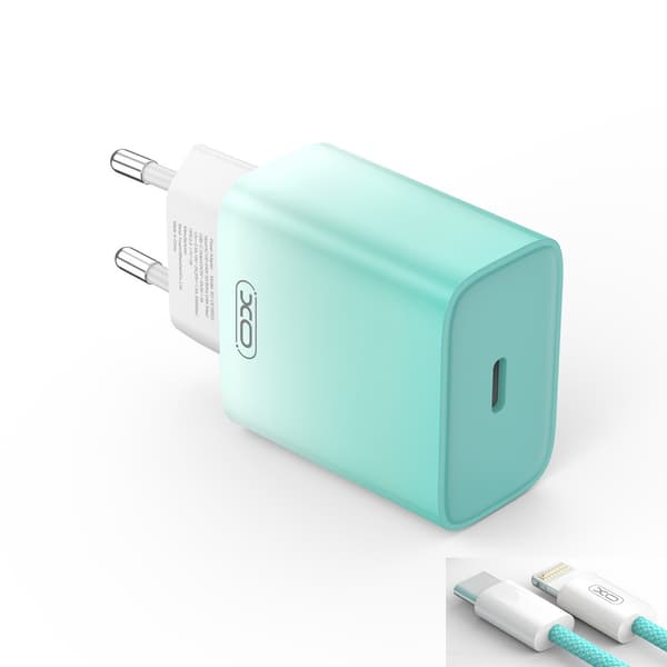 XO väggladdare CE18 PD 30W 1x USB-C blå-vit + kabel USB-C - Lightning