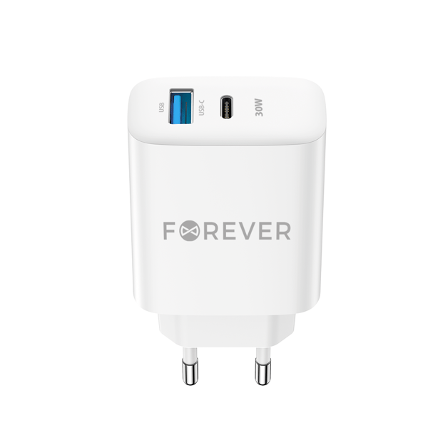 Forever TC-07-30AC PD QC laddare 1x USB-C 1x USB 30W vit vit