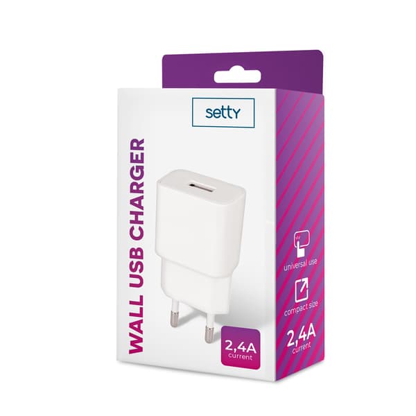 Setty laddare 1x USB 2,4A vit vit