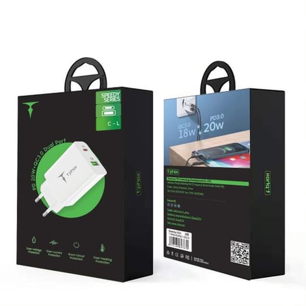 VÄGGLADDARE T-PHOX SPEEDY USB-C 20W / USB 18W PD QC + kabel LIGHTNING 1M vit vit